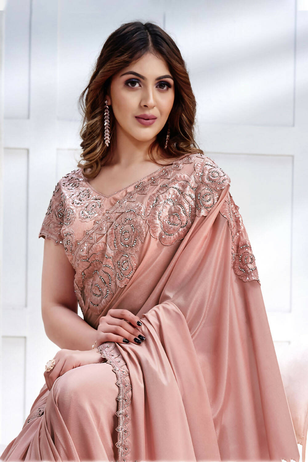 Peach Pure Crepe Georgette Cord & Sequence Embroidered with Stone work Saree - Mohmanthan Majestica - Distacart