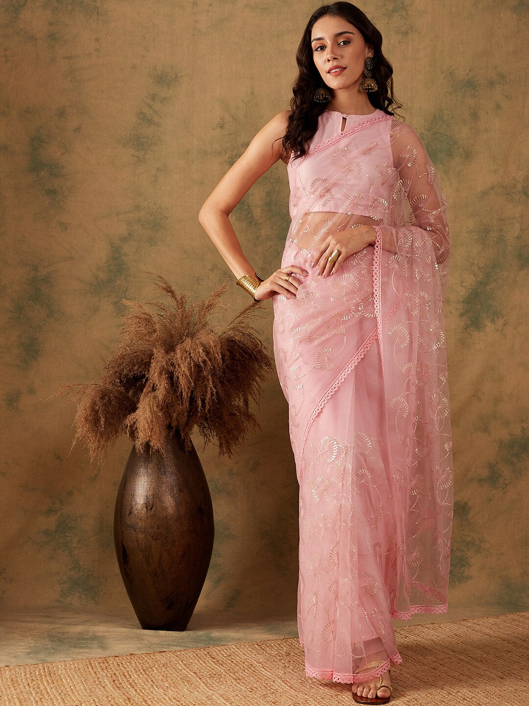 Sangria Pink Floral Embroidered Sequinned Net Saree - Distacart