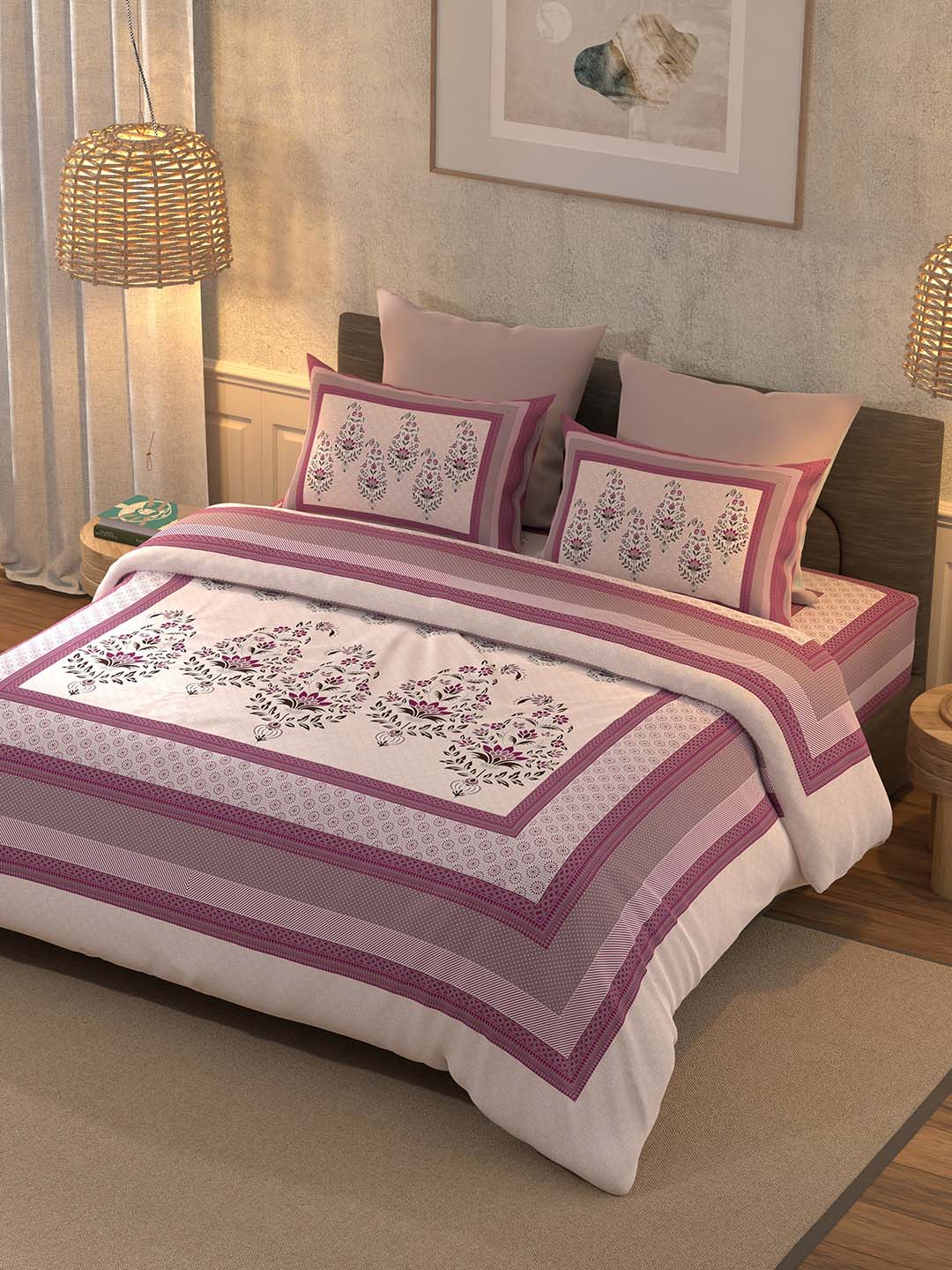 BELLA CASA Pink & White 350TC Ethnic Motifs Pure Cotton King Bedsheet with 2 Pillow Covers - Distacart
