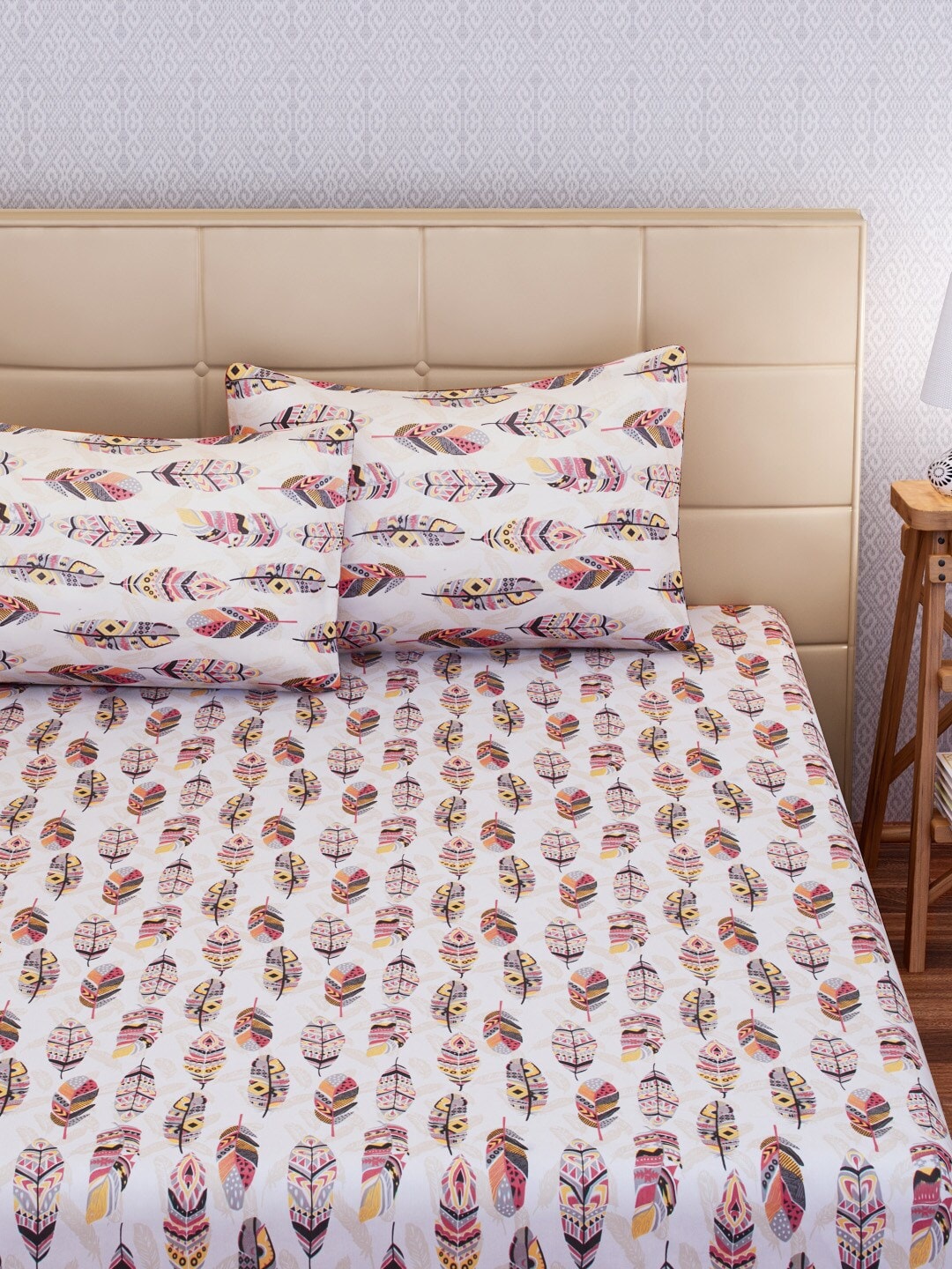 SEJ by Nisha Gupta White & Pink 144 TC Cotton King Bedsheet with 2 Pillow Covers - Distacart