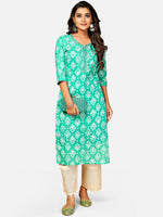Thumbnail for Kalini Women Sea Green & White Ethnic Motifs Printed Mirror Work Kurta - Distacart