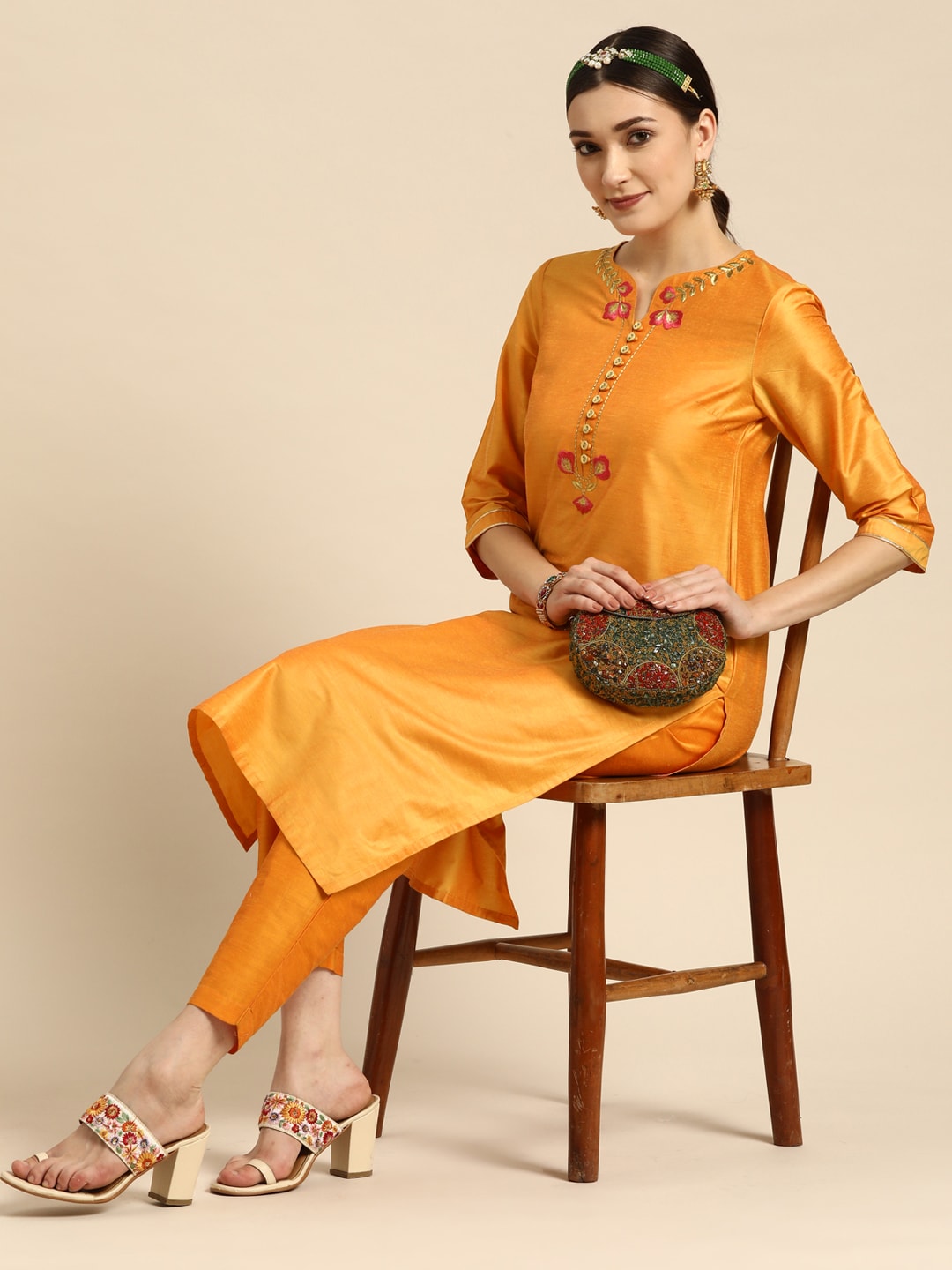 Sangria Women Orange Ethnic Motifs Embroidered Kurta with Trousers - Distacart