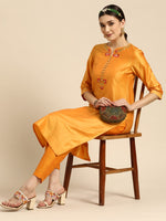 Thumbnail for Sangria Women Orange Ethnic Motifs Embroidered Kurta with Trousers - Distacart