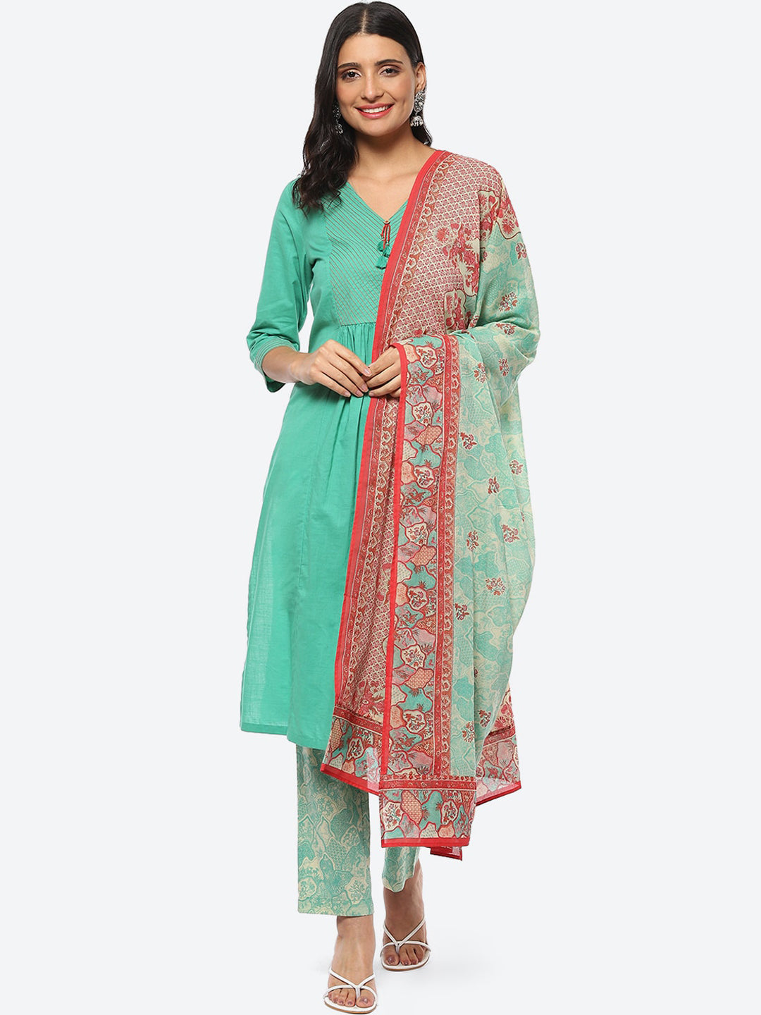 Biba Women Floral Pleated Kurta with Trousers & With Dupatta - Distacart