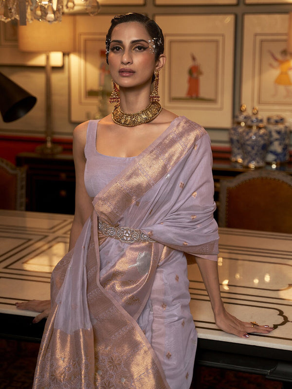 Mitera Lavender & Gold-Toned Ethnic Motifs Zari Silk Blend Banarasi Saree - Distacart