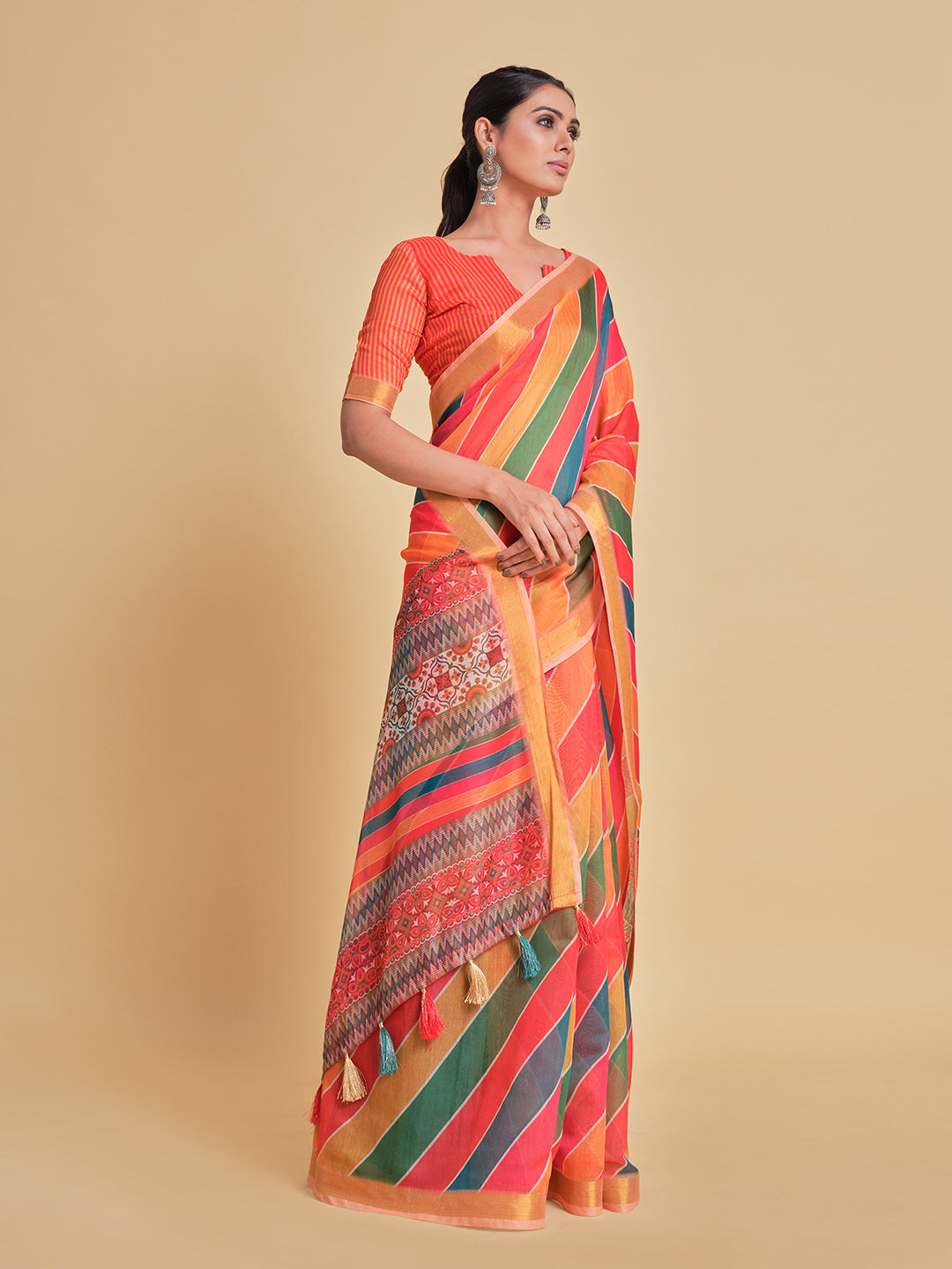 Sangria Orange & Green Printed Pure Cotton Saree - Distacart