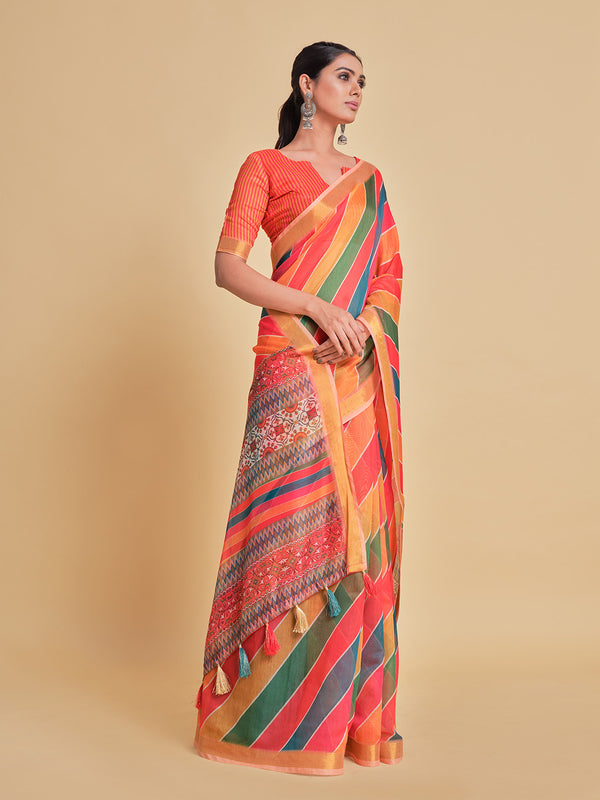 Sangria Orange & Green Printed Pure Cotton Saree - Distacart