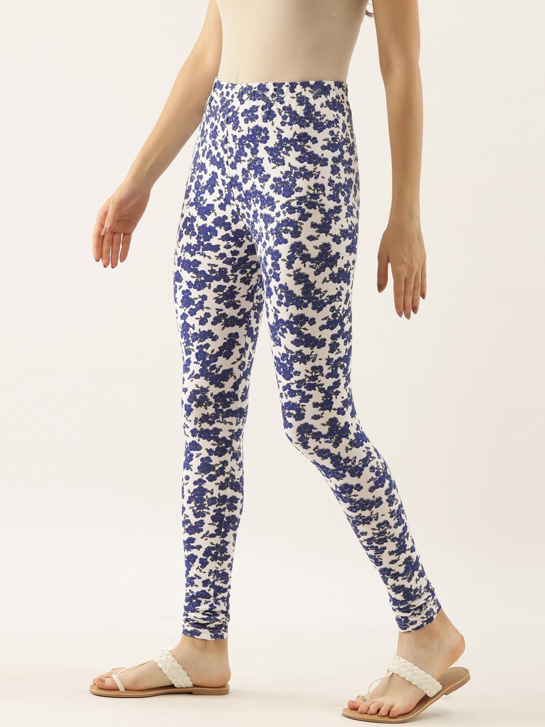 Souchii Women White & Blue Printed Slim-Fit Ankle-Length Leggings - Distacart