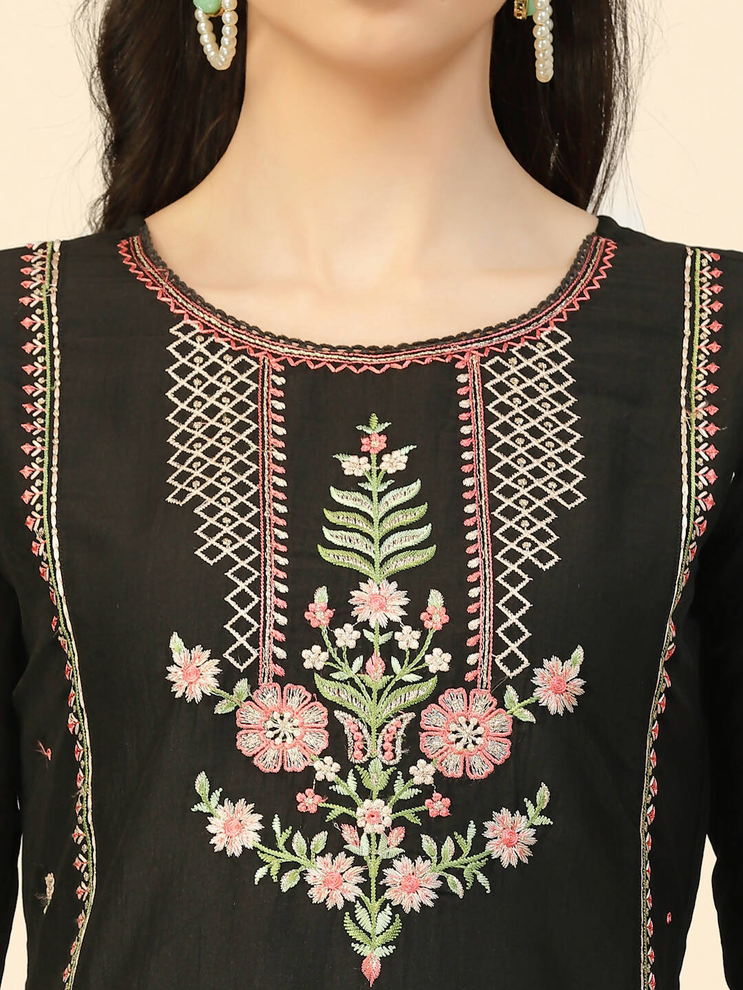 Black Embroidered Chinon Straight Kurta With Trouser & Dupatta - Salimar - Distacart