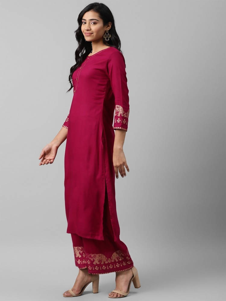 Yufta Women Pink And Golden Pure Cotton Solid Kurta with Palazzo and Dupatta