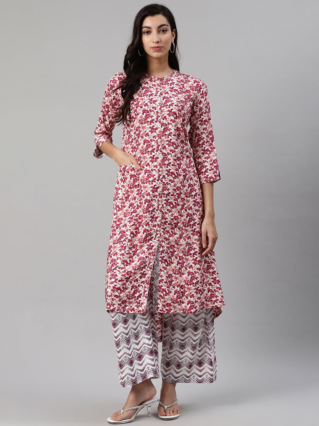 Biba Women Off-White & Magenta Printed Kurta with Palazzos - Distacart