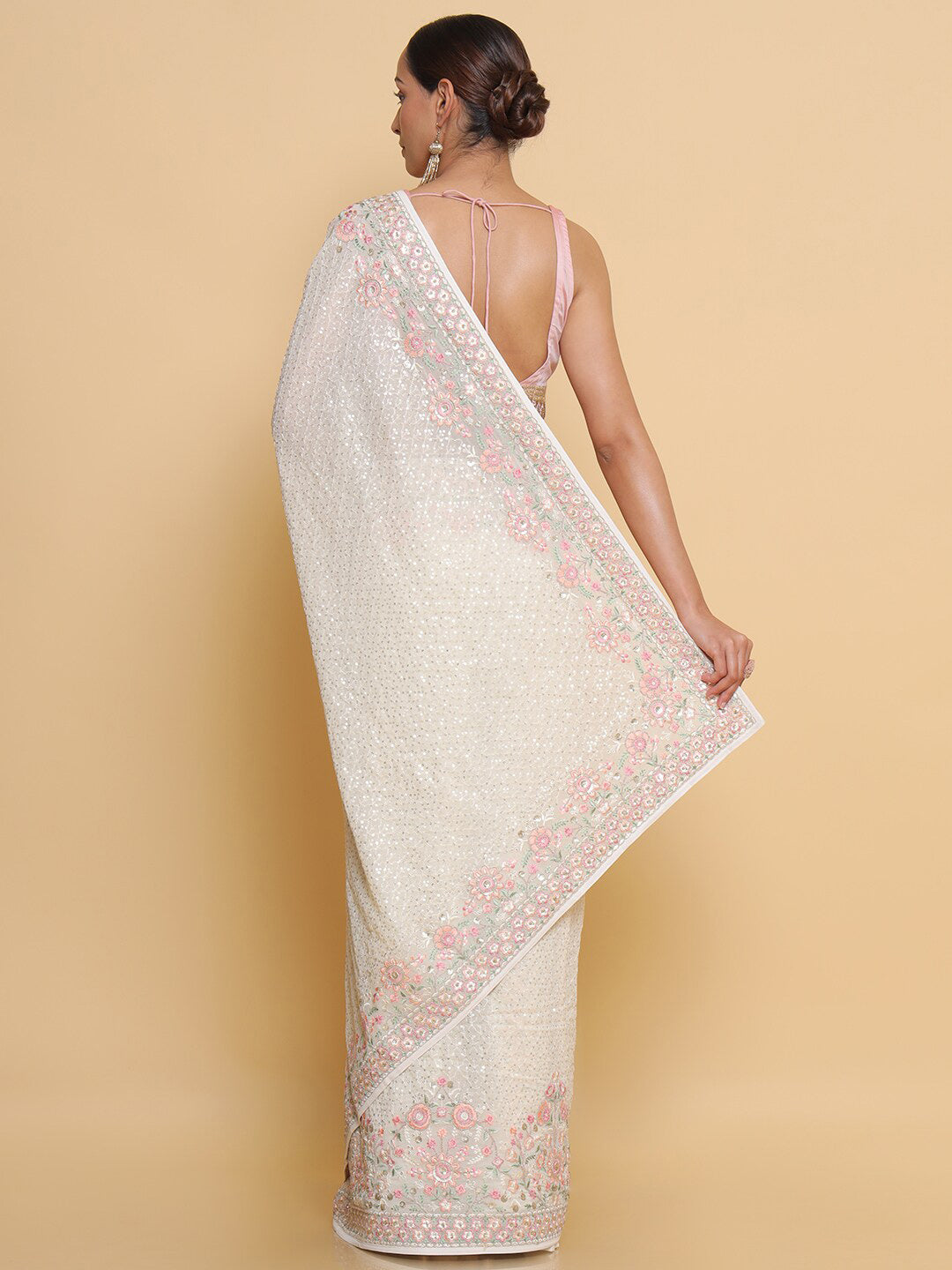 Soch Cream-Coloured & Red Floral Embroidered Pure Georgette Heavy Work Saree - Distacart