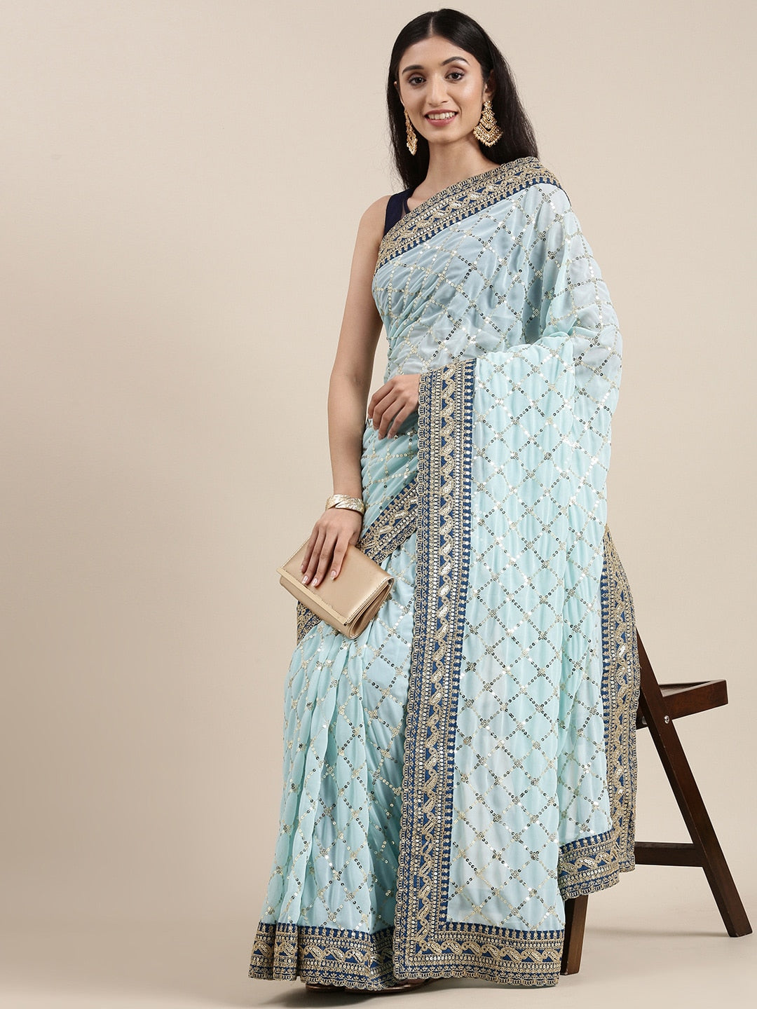Mitera Blue Embellished Sequinned Saree - Distacart