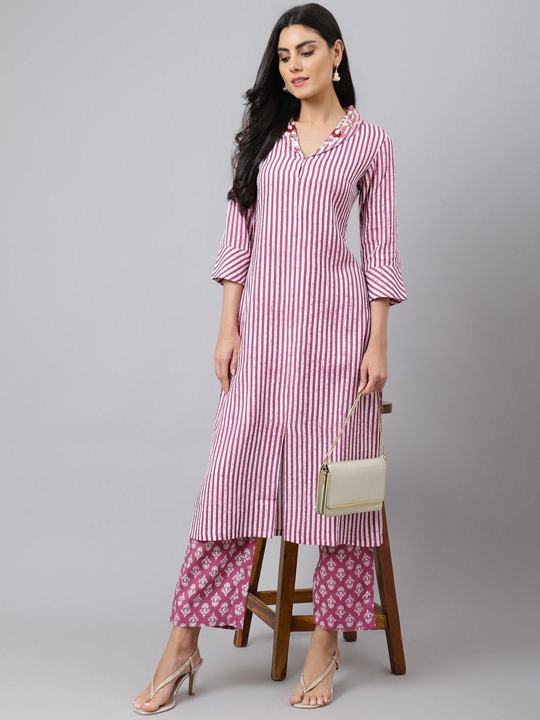 Khushal K Striped Sequinned Kurta with Palazzos - Distacart