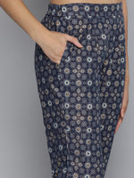 Thumbnail for HERE&NOW Women Navy Blue Ethnic Motifs Printed Pure Cotton Kurta with Trousers & With Dupatta - Distacart