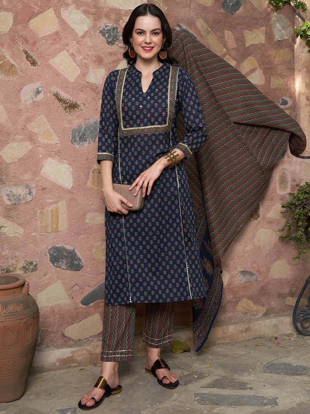 Sangria Printed Pure Cotton Kurta with Trousers & With Dupatta - Distacart