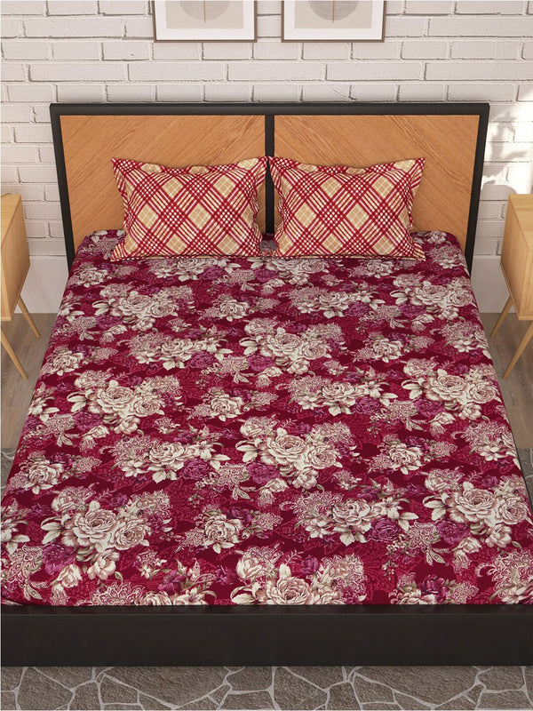 Story@home Arena Magenta & White Floral Microfiber 180 TC Queen Bedsheet & 2 Pillow Covers - Distacart
