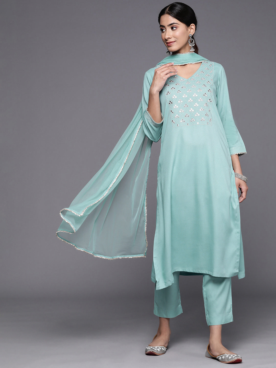 Biba Women Yoke Design Mirror Work Straight Kurta with Trousers & Dupatta - Distacart