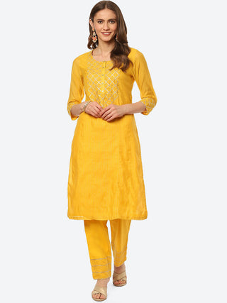 Biba Women Yellow Yoke Design Gotta Patti Kurta with Trouser - Distacart