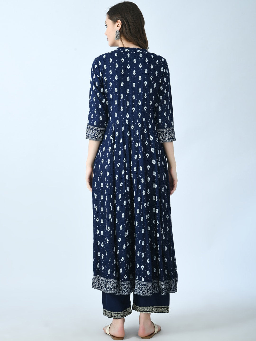 Kalini Ethnic Motifs Printed Mandarin Collar Anarkali Kurta With Palazzos - Distacart