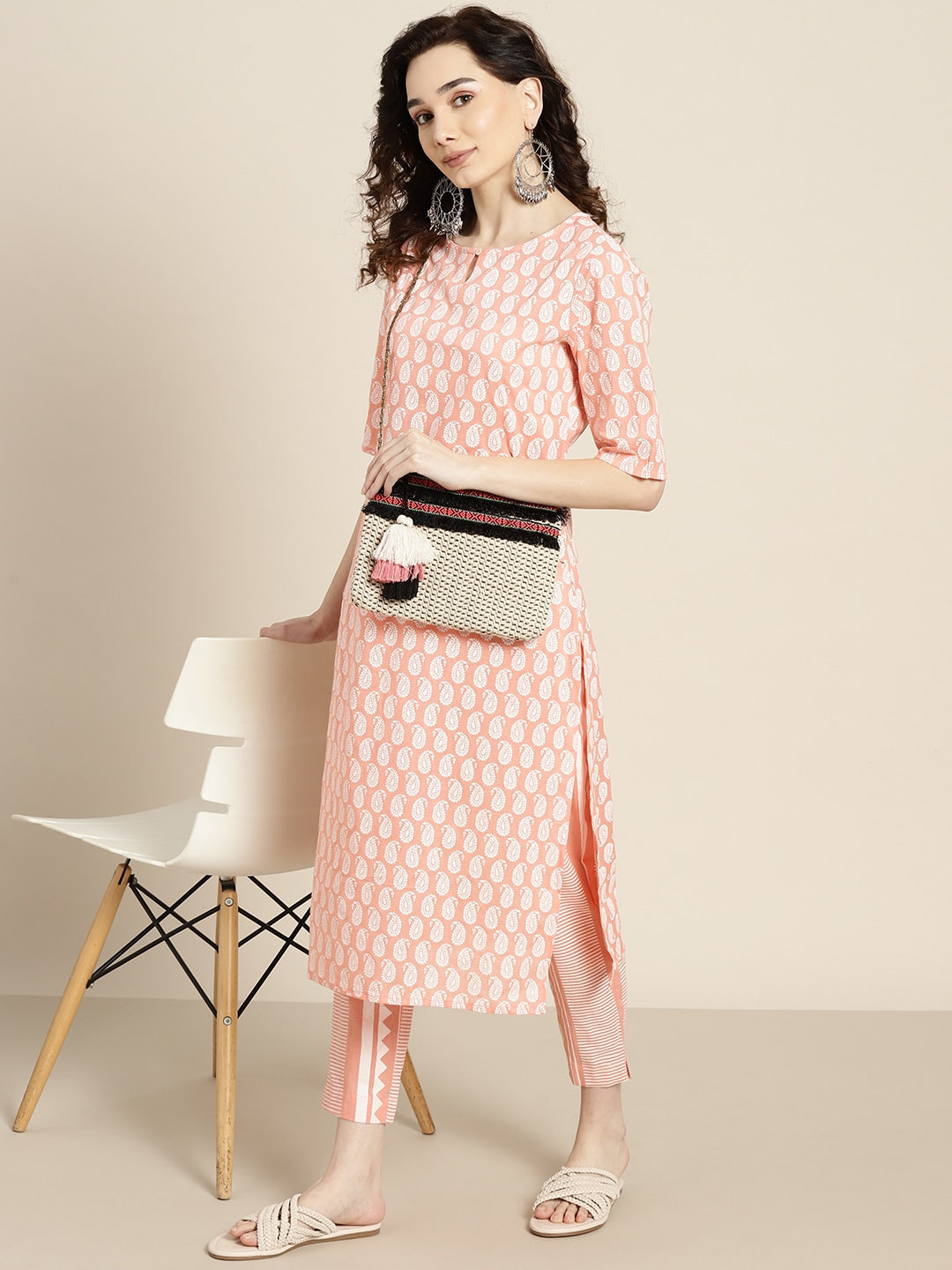 Sangria Women Peach-Coloured & White Ethnic Printed Pure Cotton Kurta set - Distacart