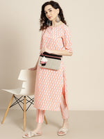 Thumbnail for Sangria Women Peach-Coloured & White Ethnic Printed Pure Cotton Kurta set - Distacart