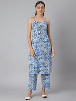 Thumbnail for Khushal K Women Blue & White Printed Kurta with Palazzos & Jacket - Distacart