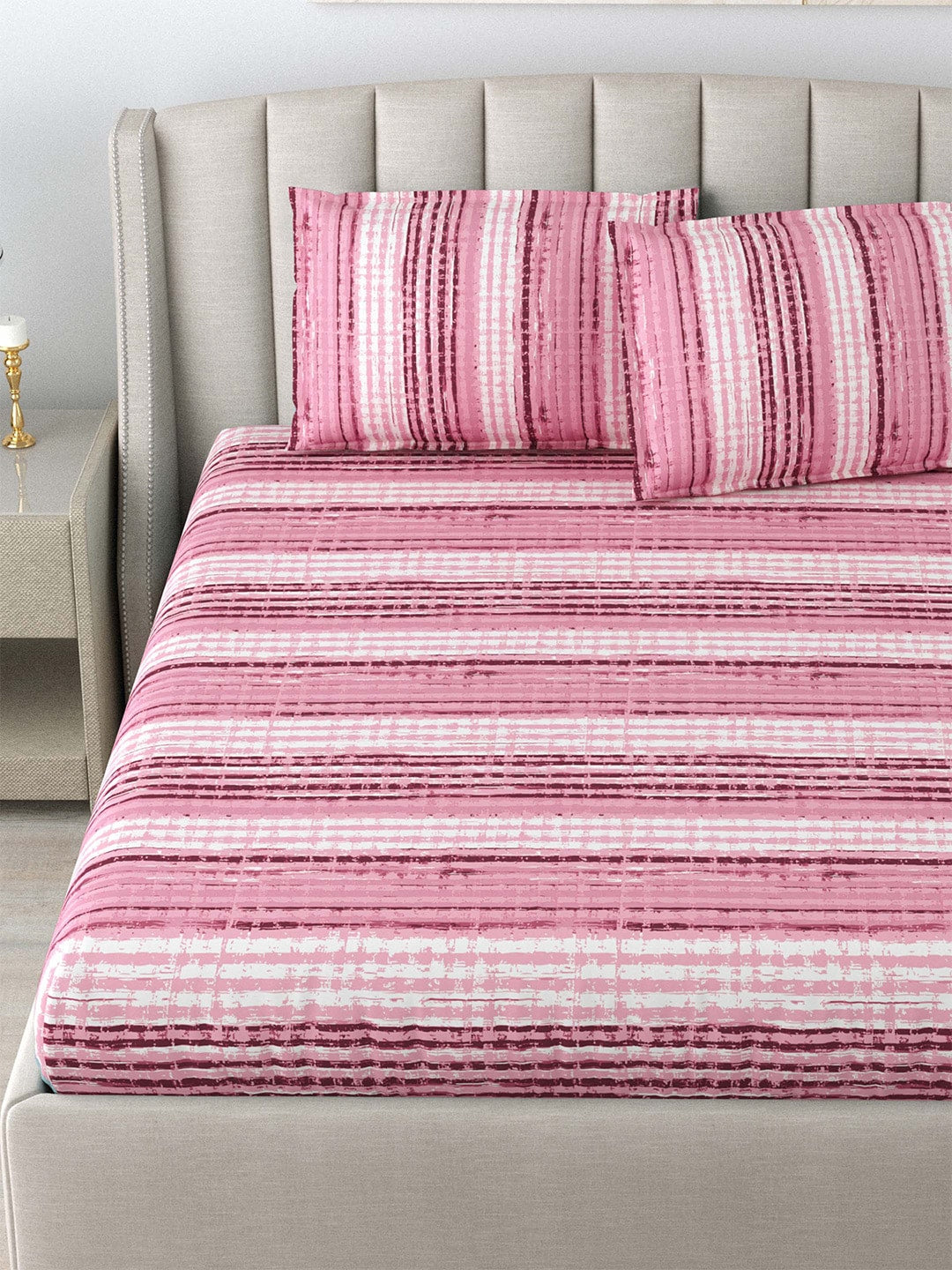 DREAM WEAVERZ Pink Striped Pure Cotton 220 TC King Bedsheet With 2 Pillow Covers - Distacart