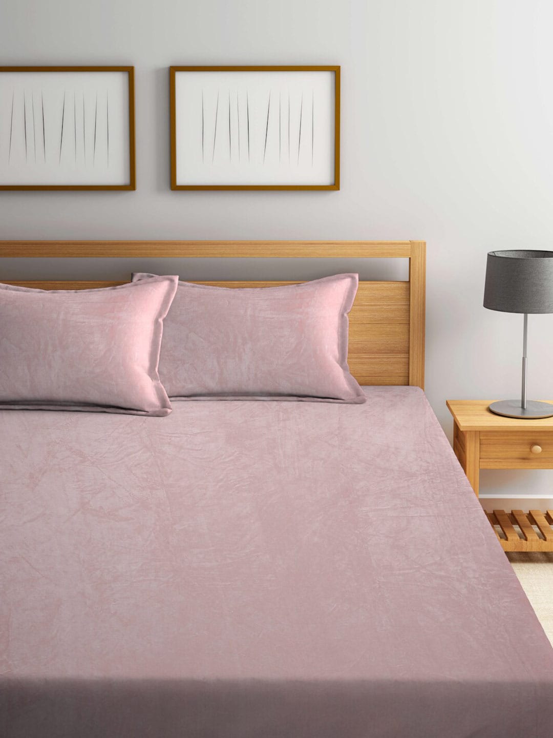 KLOTTHE Pink Woolen 300TC King Bedsheet Fitted Bedsheet With 2 Pillow Covers - Distacart