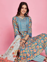 Thumbnail for Sangria Blue Floral Printed Thread Work A-Line Kurta & Trouser With Dupatta - Distacart