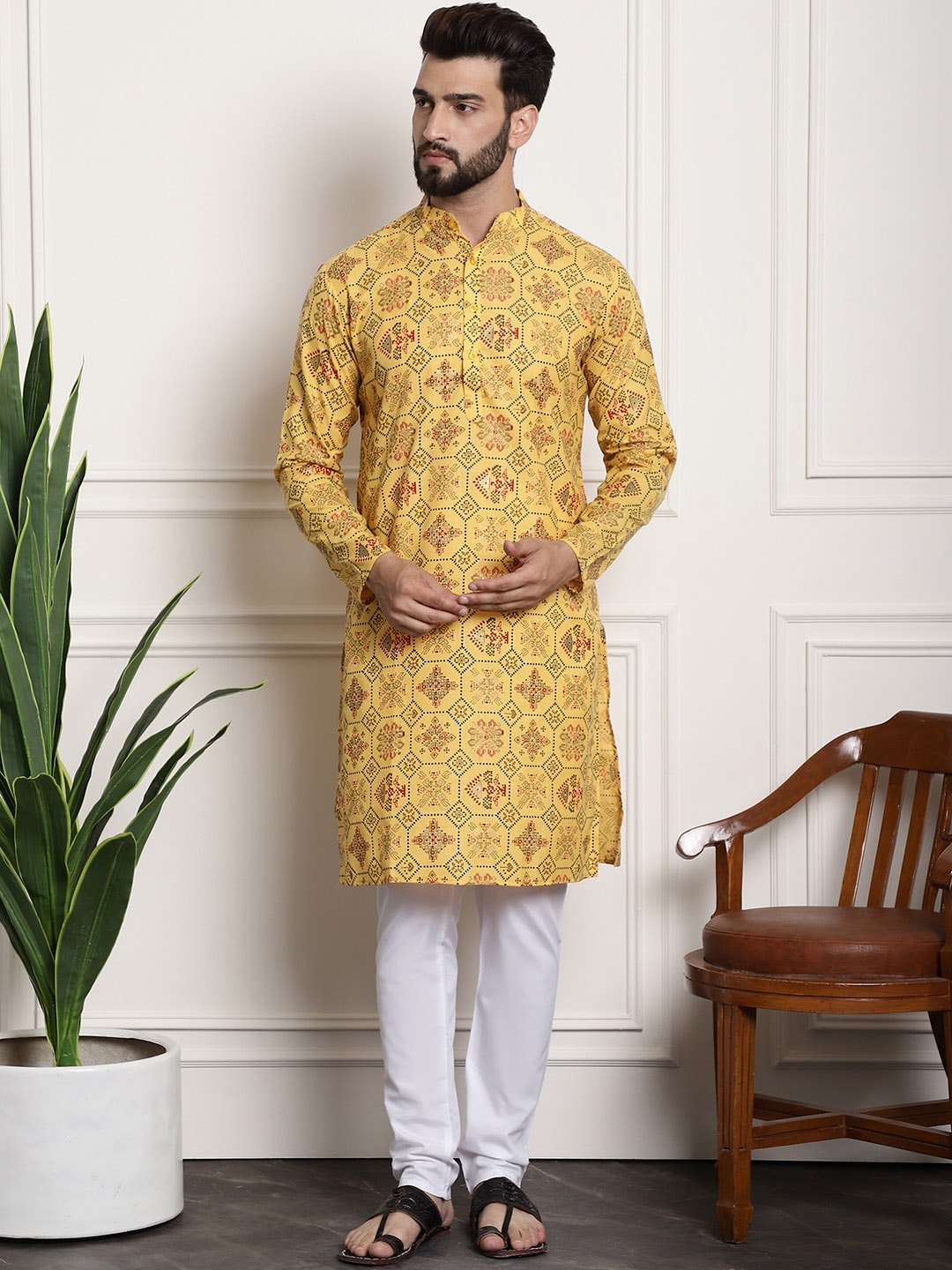 Sojanya Men Yellow Ethnic Motifs Printed Kurta with Churidar - Distacart