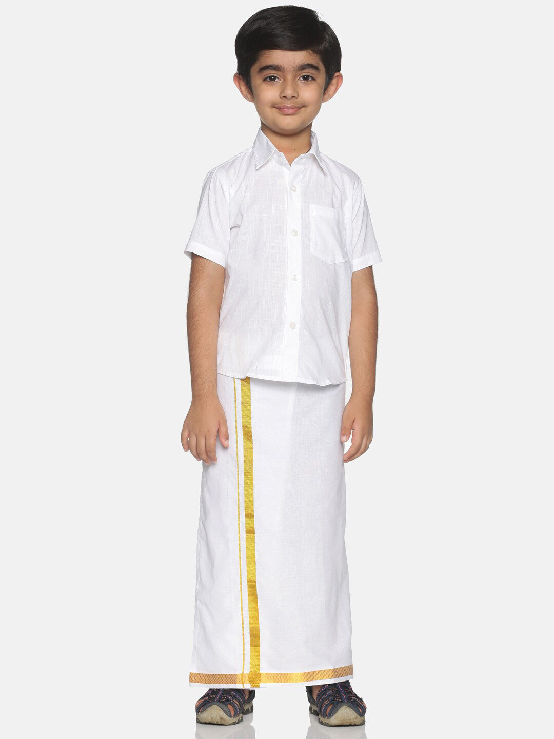 Sethukrishna Boys White & Gold-Toned Pure Cotton Solid Shirt and Veshti Set - Distacart