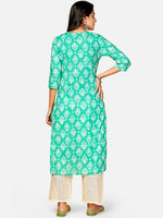 Thumbnail for Kalini Women Sea Green & White Ethnic Motifs Printed Mirror Work Kurta - Distacart