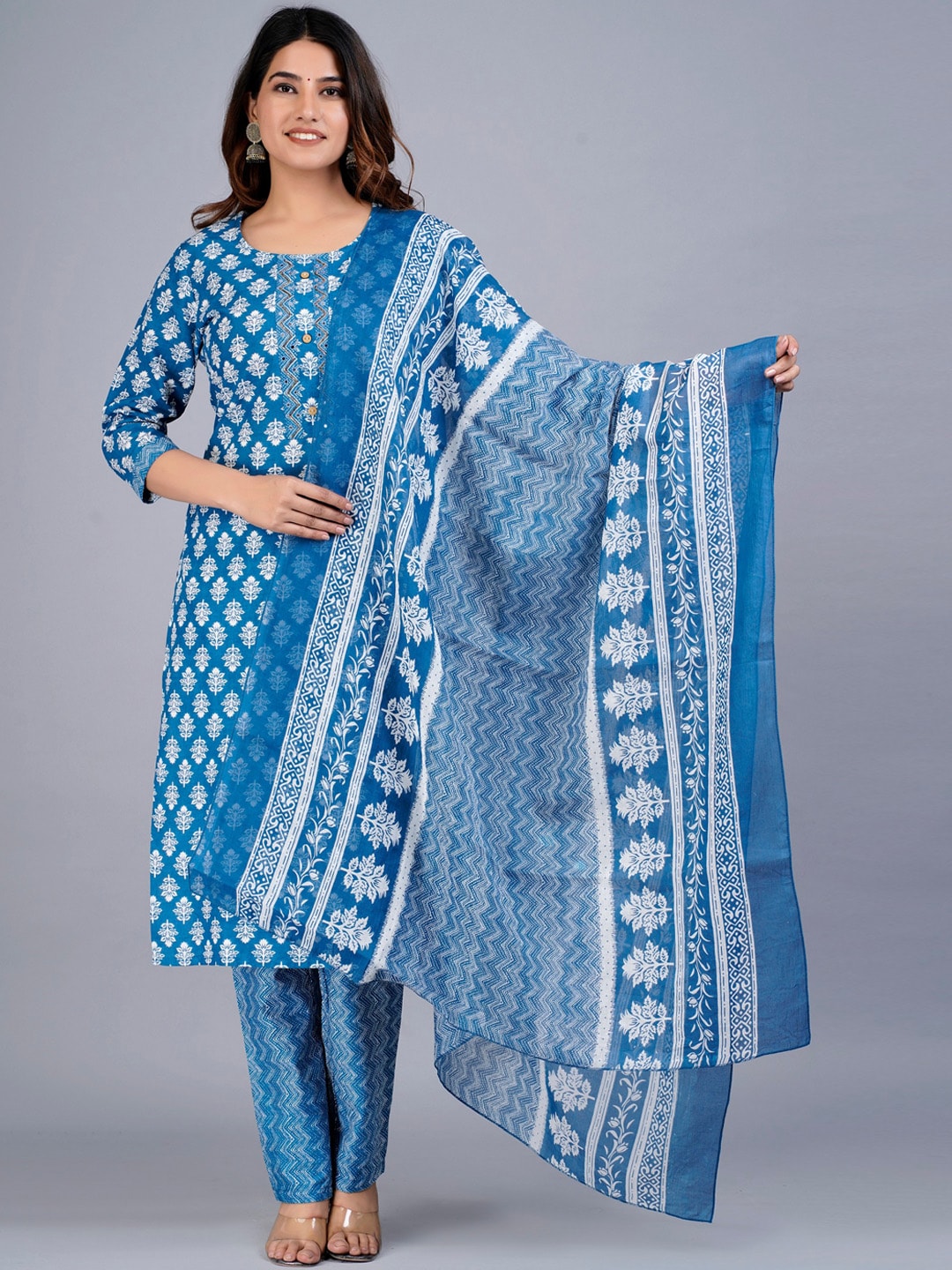 Kalini Floral Printed Beads and Stones Pure Cotton Kurta with Trousers & Dupatta - Distacart