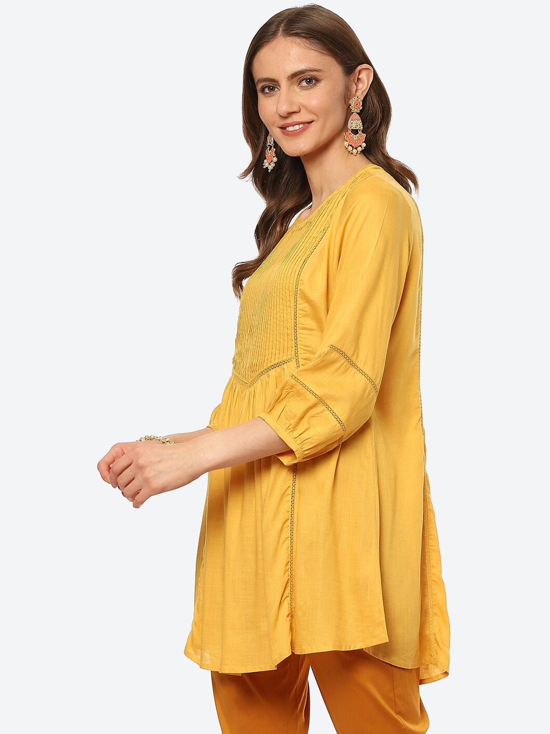 Biba Women Yellow Pleated And Panelled Puff Sleeves Kurti - Distacart
