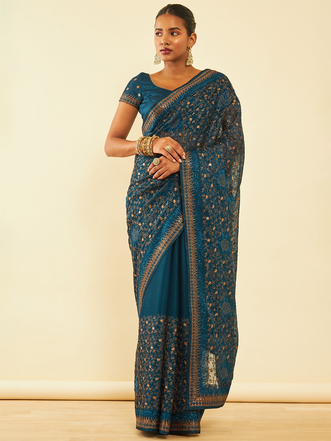Soch Floral Embroidered Zari Pure Chiffon Saree - Distacart