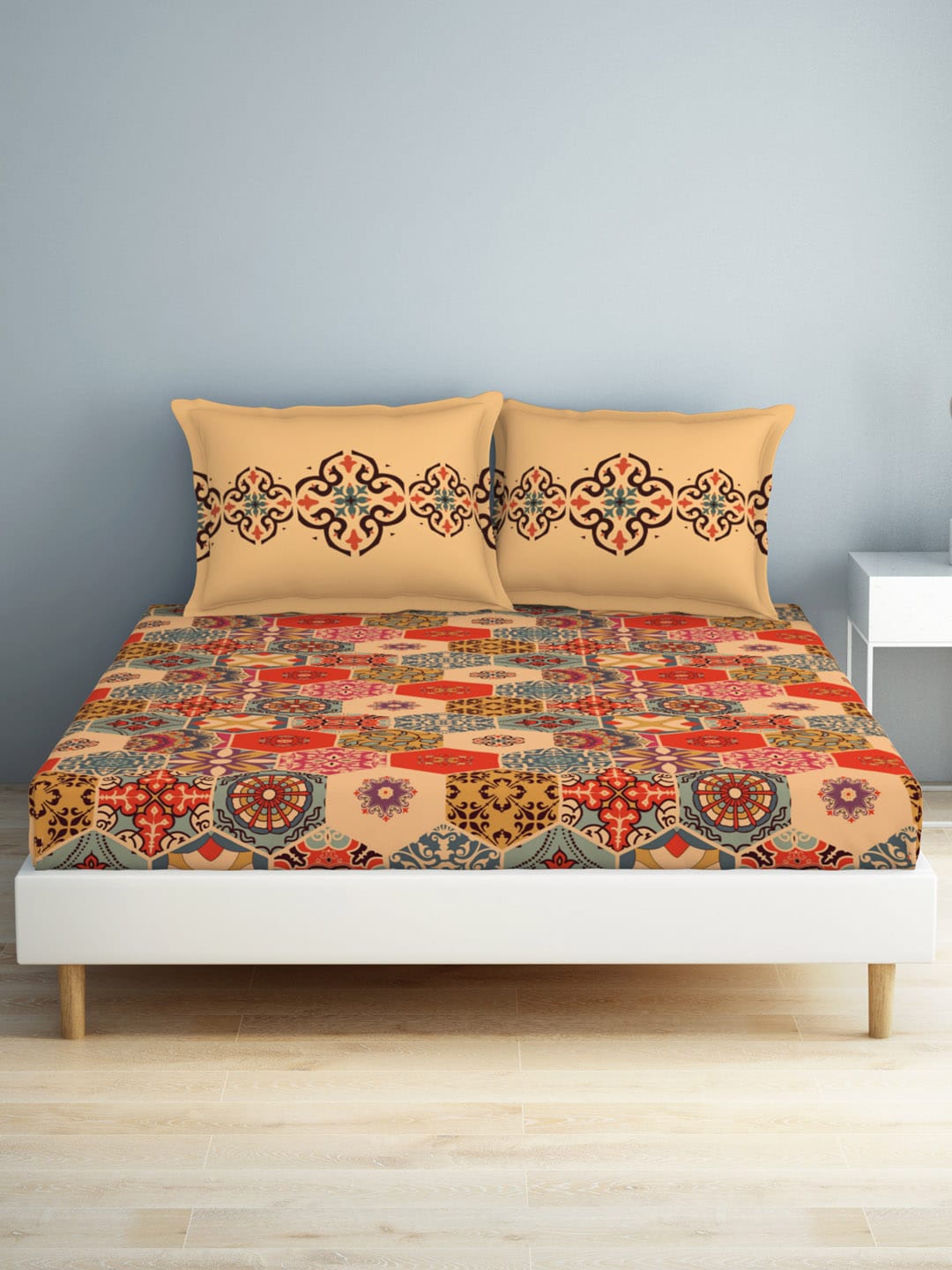 SPACES Aurum Orange Ethnic Motifs Pure Cotton 140 TC Queen Bedsheet with 2 Pillow Covers - Distacart