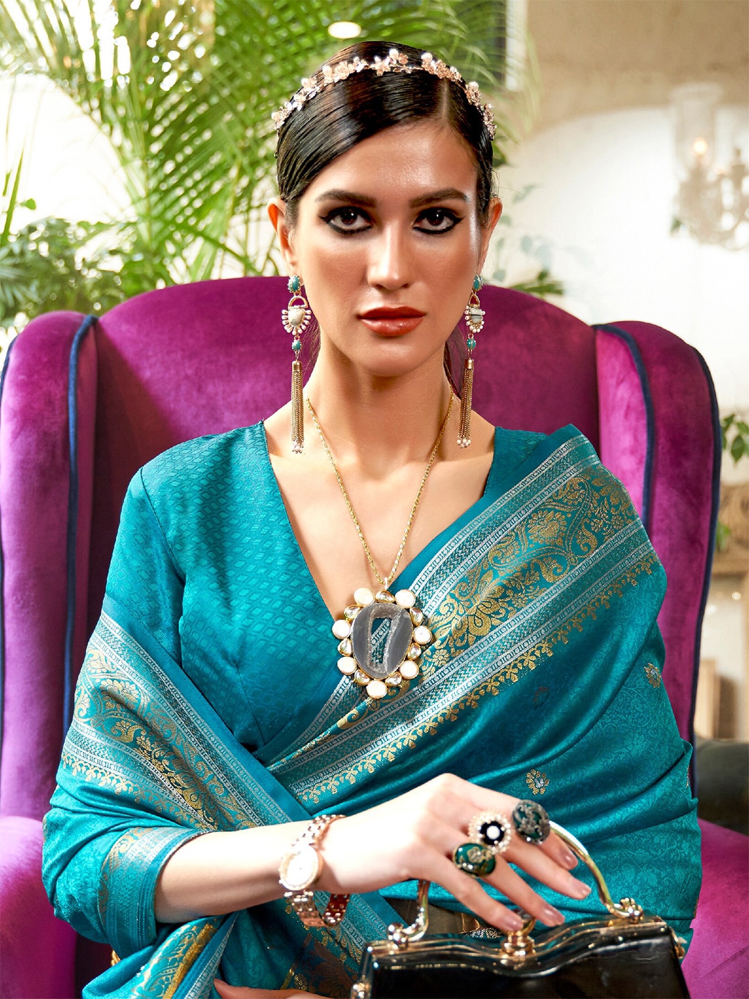 Mitera Teal & Gold-Toned Woven Design Silk Blend Saree - Distacart