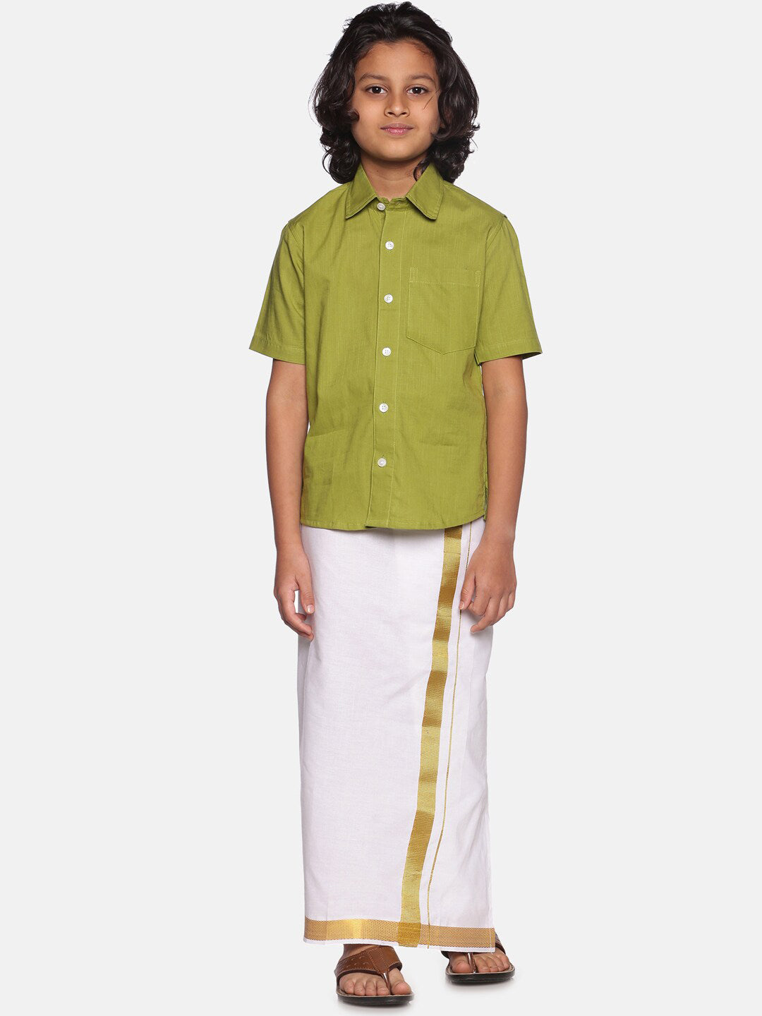 Sethukrishna Boys Green & White Solid Pure Cotton Shirt with Readymade Dhoti - Distacart