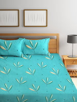 Thumbnail for Home Sizzler Turquoise Blue & White Floral 144 TC Polyester 1 Queen Bedsheet with 2 Pillow Covers - Distacart