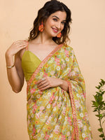 Thumbnail for Sangria Floral Printed Mirror Work Saree - Distacart