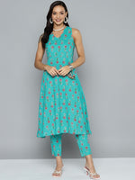 Thumbnail for HERE&NOW Floral Printed Pure Cotton Kurta with Trousers - Distacart