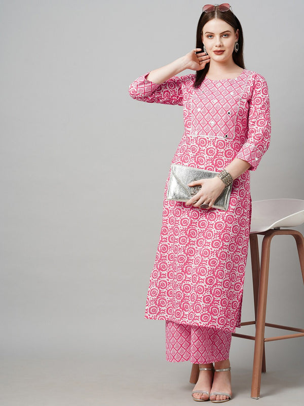 Kalini Women Pink Printed Mirror Work Kurta with Palazzos - Distacart