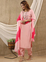 Thumbnail for Kalini Women Peach-Coloured Embroidered Thread Work Kurti with Trousers & With Dupatta - Distacart