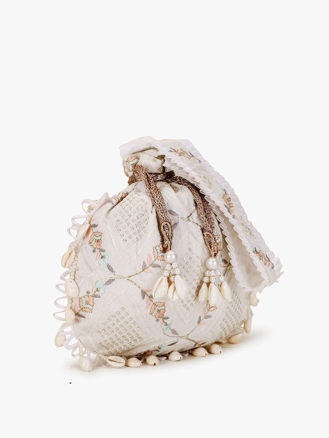 Anekaant Off White & Gold-Toned Embroidered Tasselled Potli Clutch - Distacart