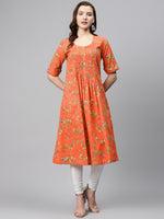 Thumbnail for Biba Women Orange & Yellow Floral Print A-Line Kurta - Distacart