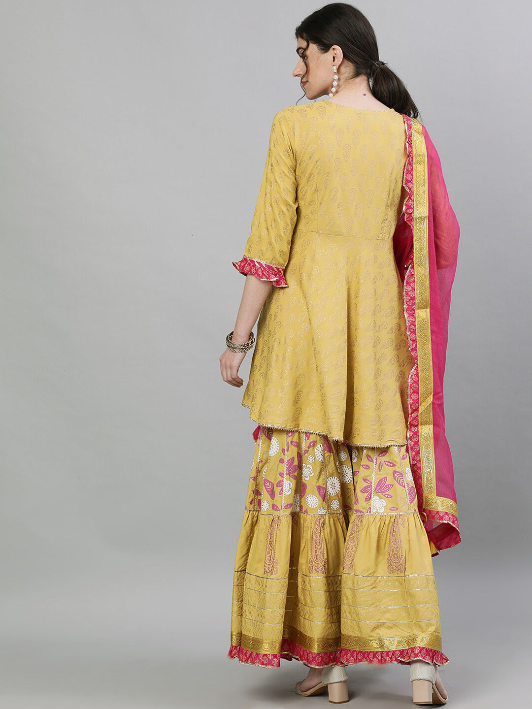 Ishin Women Mustard & Pink Printed Kurti with Sharara & Dupatta - Distacart
