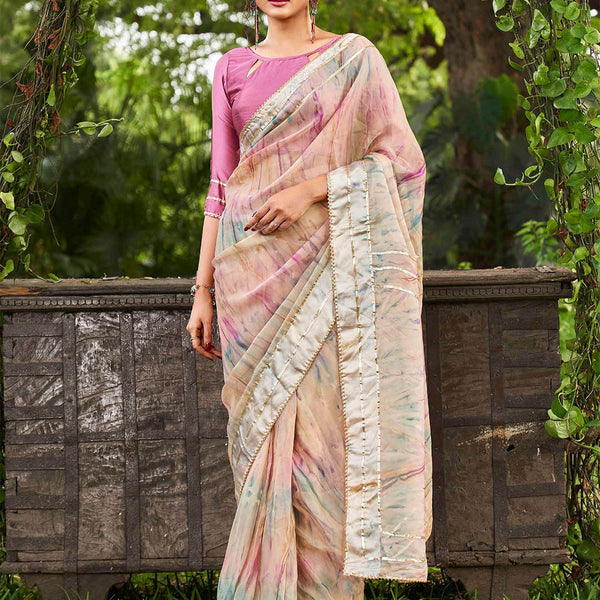 Tikhi Imli Peach Tie and Dye Gotta Patti Organza Saree - Distacart