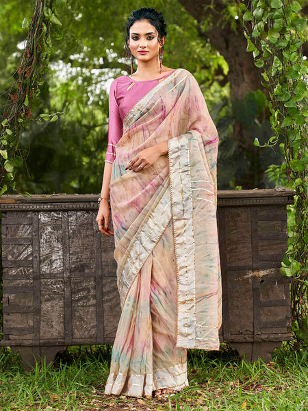 Tikhi Imli Peach Tie and Dye Gotta Patti Organza Saree - Distacart