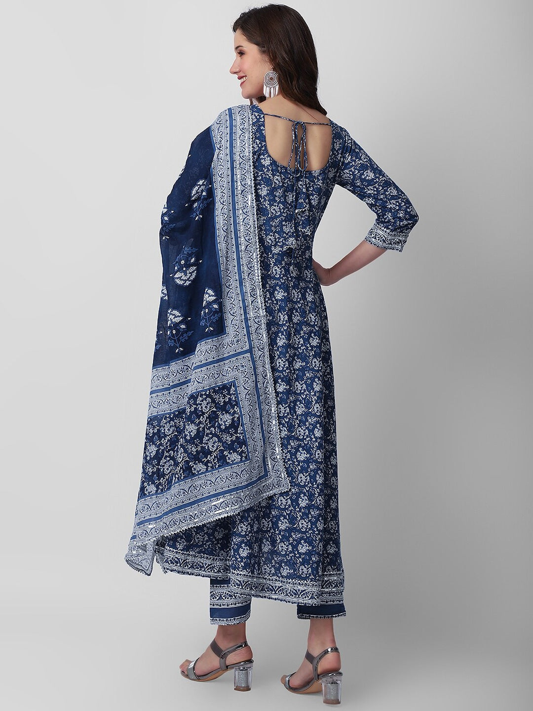 Kalini Floral Printed Anarkali Pure Cotton Kurta with Palazzos & Dupatta - Distacart